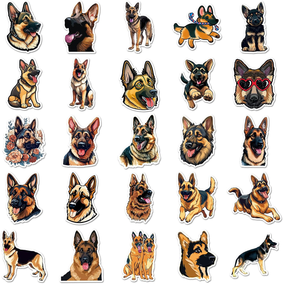 German Shepherd Dog Stickers for Kids Teens Adults,  50 PCS Cute Pets Dogs Vinyl Stickers for Water Bottles, Cartoon German Shepherd Dog Decorative Laptops Cups Journal Decals