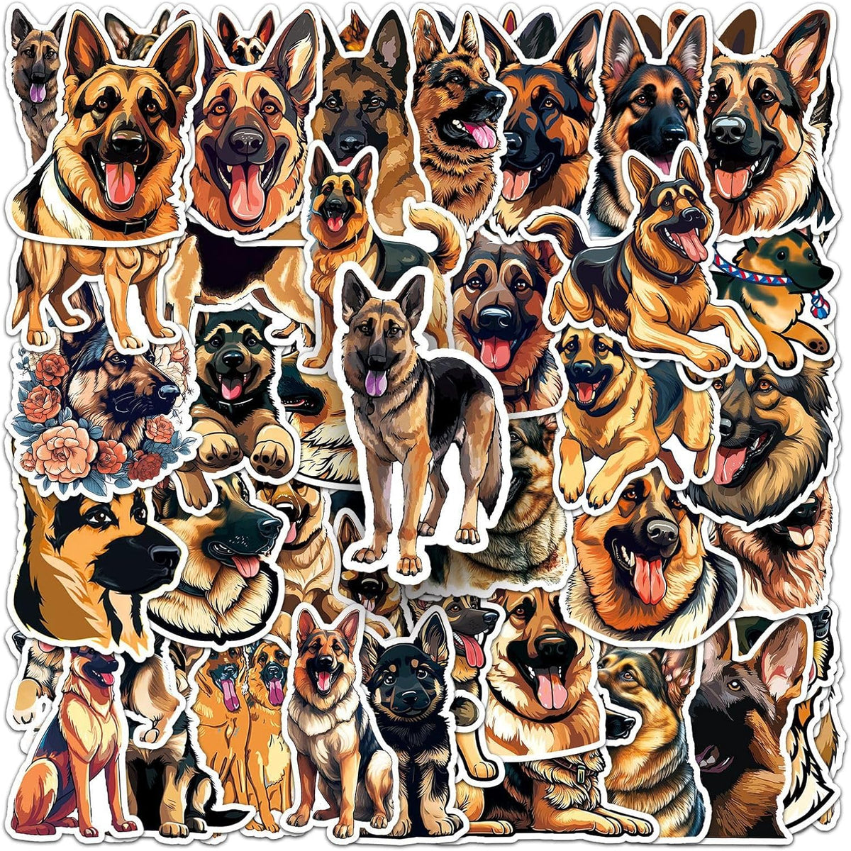 German Shepherd Dog Stickers for Kids Teens Adults,  50 PCS Cute Pets Dogs Vinyl Stickers for Water Bottles, Cartoon German Shepherd Dog Decorative Laptops Cups Journal Decals
