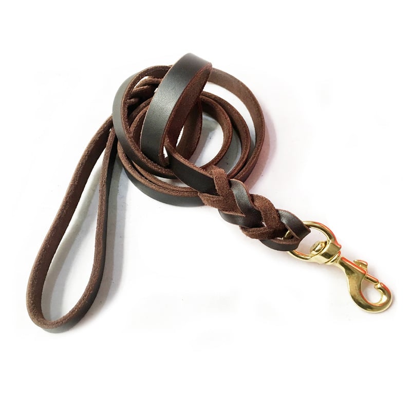 Braided Leather Dog Leash – Brown with Brass Snap Hook
